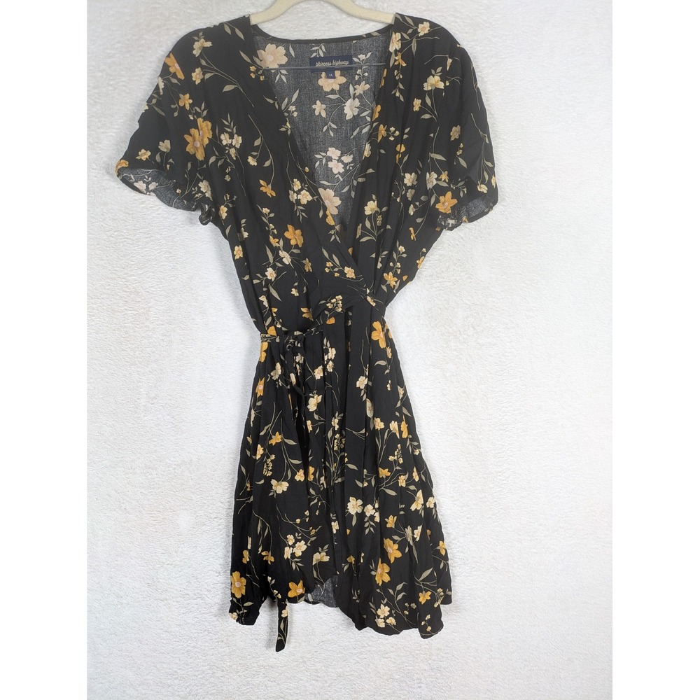 Princess Highway Wrap Dress Women's 14 Black Yellow Floral Short Sleeve